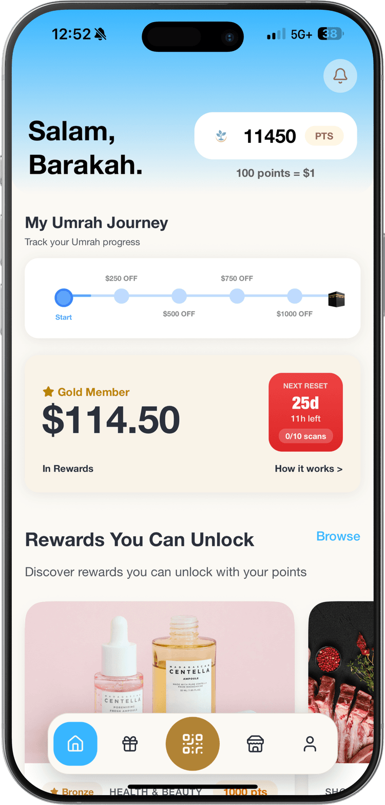 Barakah Rewards mobile app showing points and Umrah progress