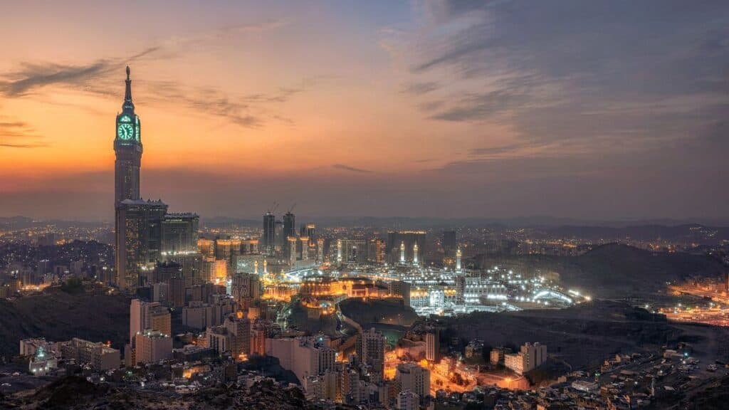 Mecca skyline near Masjid al-Haram at sunset
